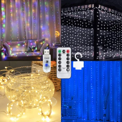 Window Curtain String Lights 100-300 LED&8 Modes Fairy Copper USB Light +Remote - Image 1 of 4
