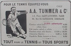 PUBLICITE A.A TUNMER SPORT VETEMENT POUR LE TENNIS OXFORD DE 1918 FRENCH AD PUB - Picture 1 of 1