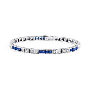 Blue Sapphire Diamond Box Tennis Bracelet 18K White Gold Princess Round 5.60 TCW - Picture 1 of 7