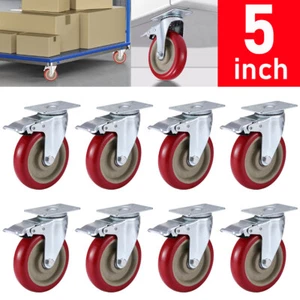 8Pack 5" Caster Wheels Swivel Plate On Red Polyurethane Cart Wheels with Brake - Picture 1 of 15