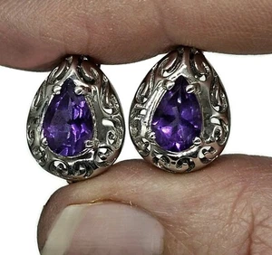 Amethyst Earrings, Huggie Design, Sterling Silver, February Birthstone, Purple - Picture 1 of 8