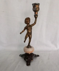 Vintage 1970s Brass & Onyx Cherub Candlestick 9.75" Italian Gold Rococo - Picture 1 of 7
