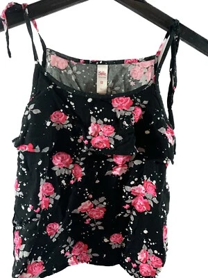 Justice Girls Black Spaghetti strap Tank Pink Rose Size 12 - Image 1 of 2