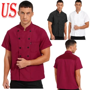 Mens Short Sleeve Chef Coat Uniform Stand Collar Jacket Canteen Uniform Shirt - Picture 1 of 55