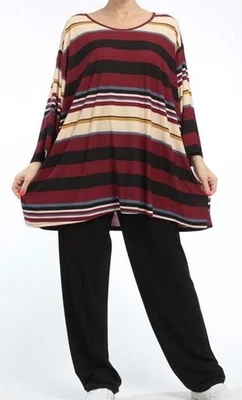 PLUS SIZE BURGUNDY/BLACK/MULT STRIPED SOFT JERSEY LONG TOP Size 28-32 - Image 1 of 4