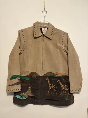 Quacker factory Plus 1X Abrigo de cuero gamuza Safari jirafa elefante bordado Foto 1 de 4