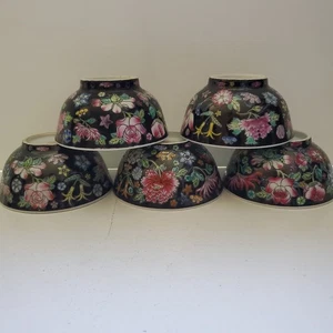 Chinese 1960's Factory #9 Jingdezhen Famille Noire Mille Fleur bowls, set of 5 - Picture 1 of 9