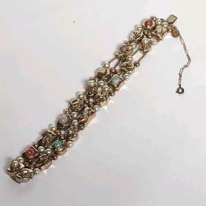 Vintage PIK NY Slide Charm Bracelet 2 ROWS Embellished Insignias Pearls Gems - Picture 1 of 22