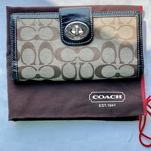 Coach Signature Brown C Logo Canvas& Black Leather Trim Turn Lock Wallet&Dustbag - Picture 1 of 22