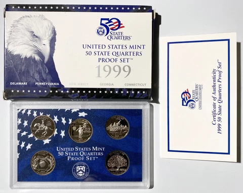 1999 S US 50 State Quarters Uncirculated Proof Mint Set - 5 Proof Coins OGP COA Cover
