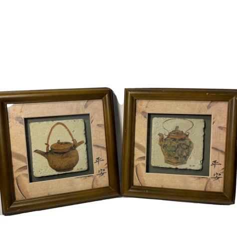 Lot of 2 Framed Wall Plaques Inspired By Cheri Blum Tiled Oriental Tea Pots Cover
