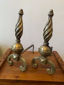 HUGE 19TH C BRASS FIREPLACE RESTS ANDIRON FIRE DOGS - Picture 1 of 5