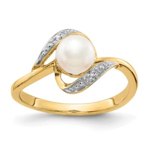 10K Yellow Gold Diamond and FW Cultured Pearl Ring for Women Size 7 - Picture 1 of 5