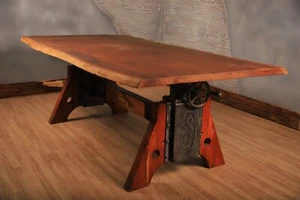 Industrial Table Dining Steampunk Crank Table Live Edge Top Height Adjustable - Picture 1 of 4