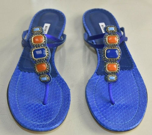 MBT NEW Manolo Blahnik TURCA Mules PYTHON FLAT SANDALS Satin Blue JEWELED 39.5 41.5