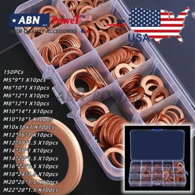 CAHUCZLHOZ 150 pcs Copper Crush Washer Gasket Set Flat Ring Seal Assortment Kit M5 - M22