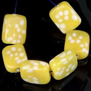 6 Lampwork Handmade Glass Beads Yellow Polka Dots Rectangle