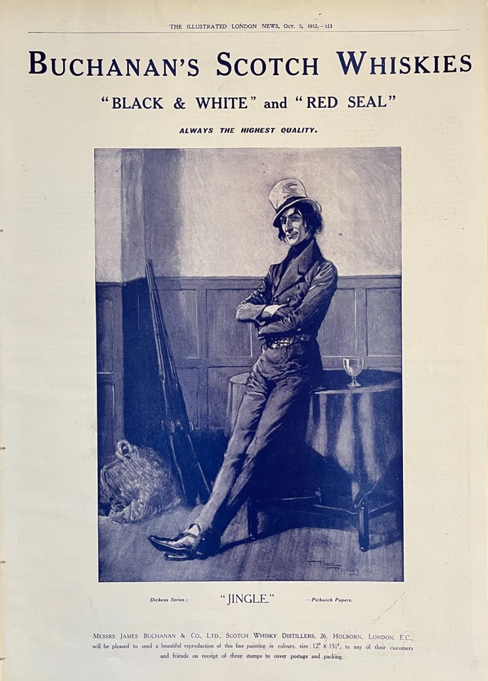 Anuncio impreso artístico Buchanan's 1912 blanco y negro whisky escocés Jingle Reynolds Foto 1 de 1
