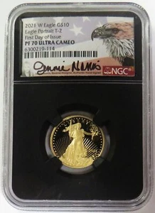 2021 W T-2 GOLD AMERICAN EAGLE $10 NORRIS SIGNED 1/4oz NGC PROOF 70 UC FDOI - Picture 1 of 2