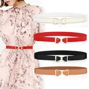 Women Belt Elastic Waistband Elegant Dress Gold Buckle Belt Leather Strap Waist - Picture 1 of 16