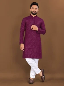 Hombres Paquistaní Kurta Conjunto Kurta Pijama Traje Indio Sherwani Boda Fiesta Función - Imagen 1 de 7