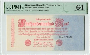GERMANY 500,000 Mark 1923, P-92, Republic Treasury, PMG 64 Choice UNC, Uniface - Picture 1 of 2