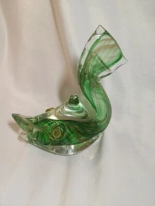 Murano Art 6" Tall Murano Fish With Gold Sparkles And Green Coil Swirls - Picture 1 of 6