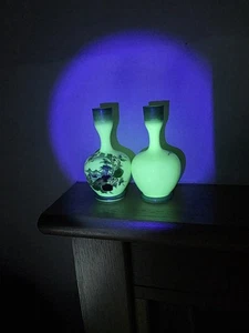 Harrach Antique Victorian Uranium Hand Painted Enamel Floral Art Glass Vase Pair - Picture 1 of 15