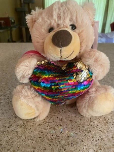 Teddy Bear Stuffed Animal Valentines Plush Toy Holding Sequin Heart Light Brown - Picture 1 of 7