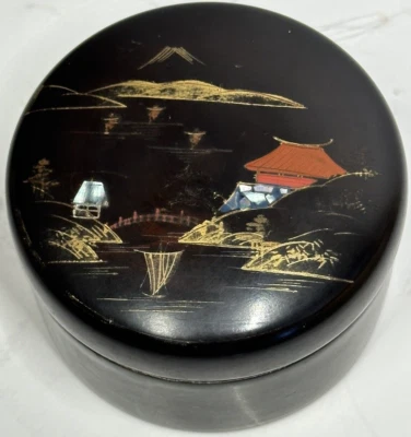 Juego de 4 posavasos japonés vintage Aizu laca negra caja de baratijas con tapa Foto 1 de 4