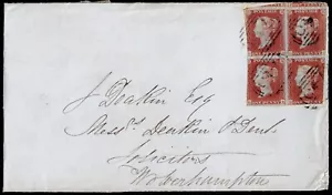 1841 1d Red Plate 115 GB-HC Block of Four Stone to Wolverhampton 1851 - Picture 1 of 2