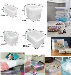 Stapelbare durchsichtige Kunststoff Aufbewahrungsbox Boxen mit Deckel Home Office stark hergestellt in UK - Bild 1 von 22