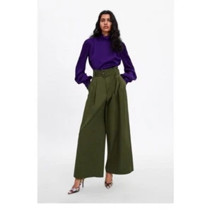 Zara Damen Super Weites Bein Hose Trousers Leinen Größe M Olivgrün Gürtel - Bild 1 von 5