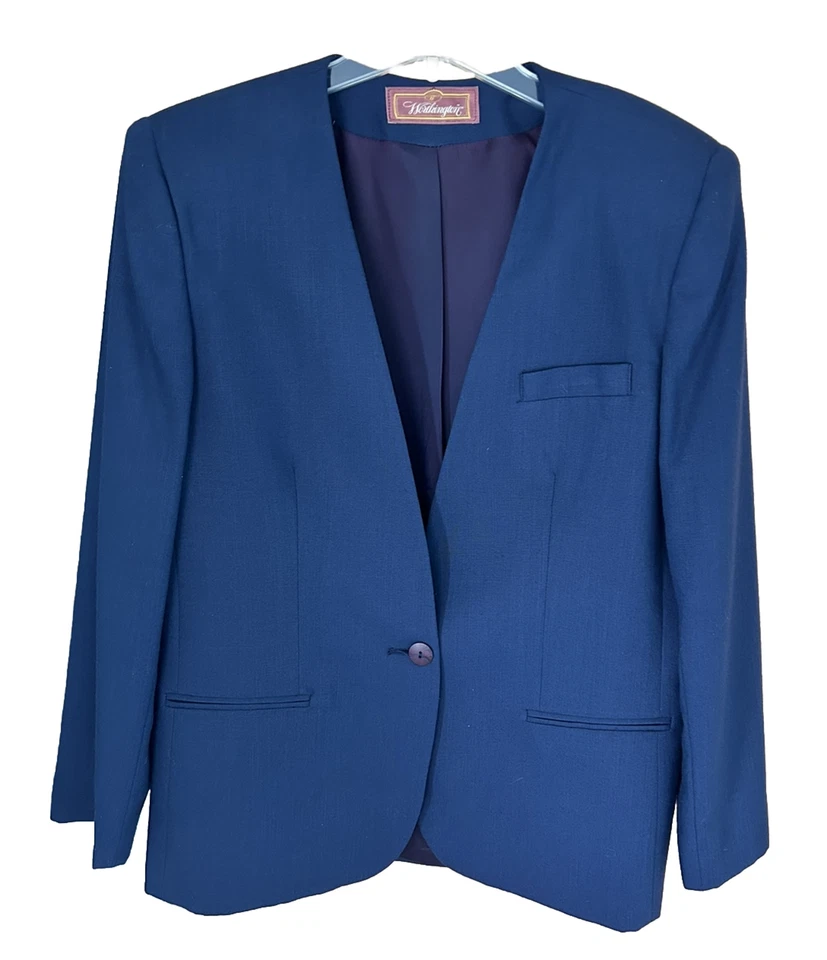 复古 Worthington 女式西装外套亚麻蓝色肩垫 16 码美国 — 第 1/4 张图片