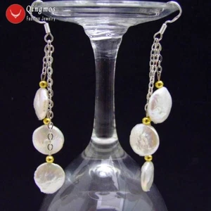 Orecchini pendenti donna perle bianche acqua dolce naturale moneta 12-13 mm - Foto 1 di 15