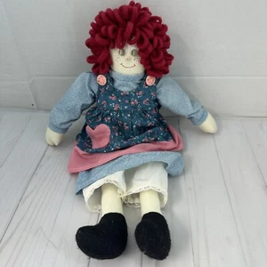 Artist Made Raggedy Ann Handmade Pink Blue floral Dress Button Eyes Primitive - Picture 1 of 9