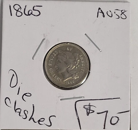 1865 3CN Three Cent Nickel CHOICE AU/BU die clashes!! Cover