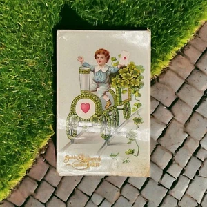 San Valentín 1910? Postal Alemania Niño Trébol de la Suerte Tren Corazón Publicado 1¢ Sello - Imagen 1 de 8