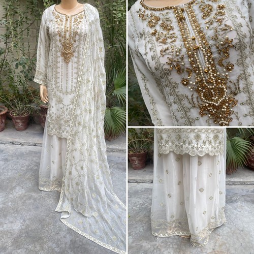 OFF WHITE Abito Sharara Pakistani Off Bianco Stile Dritto Paillettes Ricamate Chiffon S