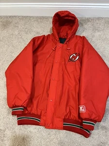 *RARE* Vintage 90s Starter NHL New Jersey Devils Puffer Jacket Red/Green - Large - Picture 1 of 17