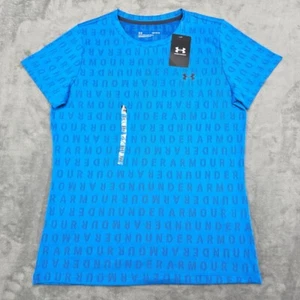 Under Armour Shirt Damen mittelblau tailliert Kurzarm Heatgear Mesh Spellout - Bild 1 von 15