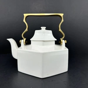 Mikasa CONTINENTAL White China Teapot Brass Handle Octagon Shape Superior Cond. - Picture 1 of 18