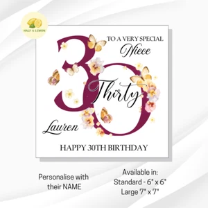 NIECE 30TH BIRTHDAY CARD, PERSONALISED 30TH BIRTHDAY CARD, BUTTERFLIES, - Picture 1 of 10