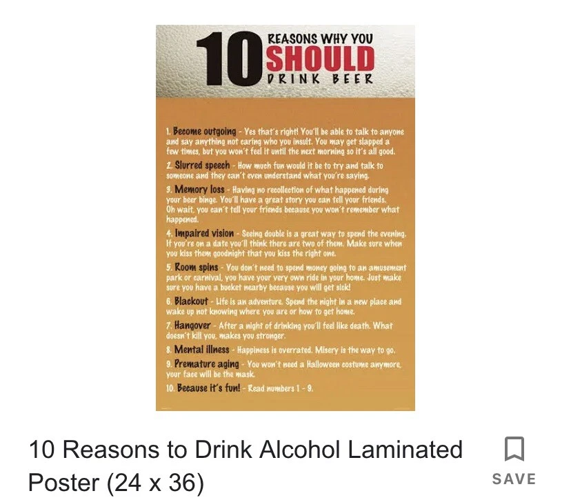 10 reasons to drink poster, New, Still in plastic (36 X 24 inches) - image 1 of 1