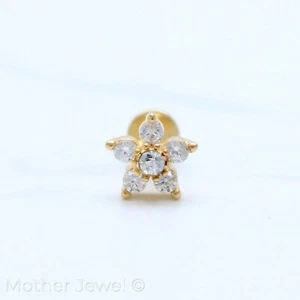 YELLOW GOLD IP SIMULATED DIAMOND FLOWER CARTILAGE 6MM STUD TRAGUS MONROE LABRET - Picture 1 of 3