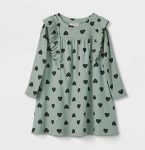 Toddler Girls' 2T Olive Green Heart Ruffle Ribbed Long Sleeve Dress New - Picture 1 of 3