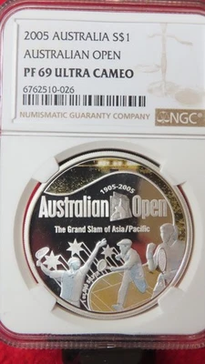 Australia 2005 Australian Open  asia/pacific Tennis 1oz 999 Silver $1 NGC PF69 - Image 1 of 4