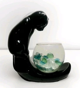 Vintage Pottery Black Cat Sculpture with Fish Bowl Planter Sea Glass 9" - Picture 1 of 14
