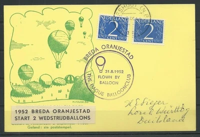 Niederlande BALLONPOST BREDA ORANJESTAD 31.8.1952 #1053803 - Bild 1 von 2