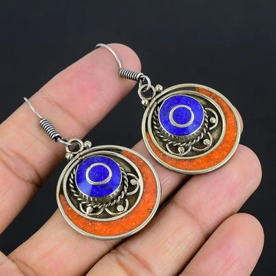 Orecchino nepalese tibetano argento sterling 925 etnico corallo rosso... - Immagine 1 di 4